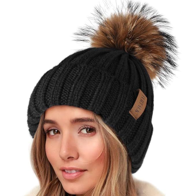 FURTALK Knit Beanie Hats for Women Fleece Lined with Real Fur Pom Pom Winter Hat | Amazon (US)