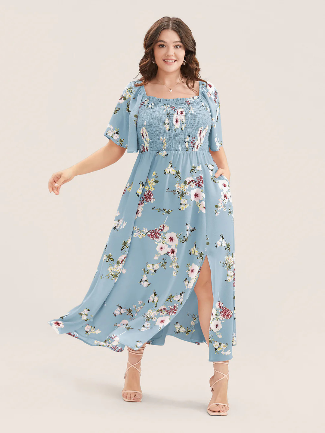 Floral Square Neck Ruffles Pocket Shirred Split Dress | Bloomchic