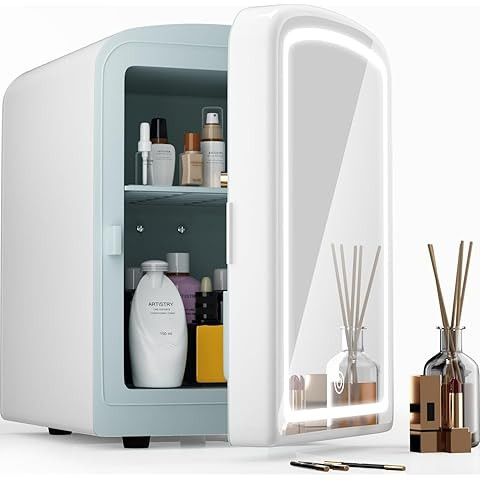 Skincare Fridge With Dimmable LED Light Mirror, 4L Mini Fridge For Desktop, Travel or Cool & Heat... | Amazon (US)