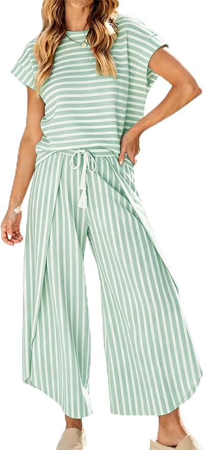 HangNiFang Womens Summer Striped 2 Piece Outfits Cap Sleeve Open Leg Pant Set Vacation Outfits Ma... | Amazon (US)