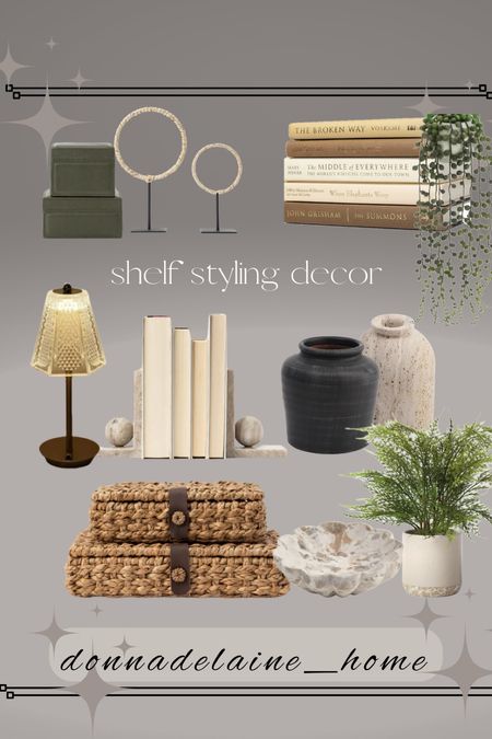 Shelf styling staples: 
Books•decorative boxes•vases•bowls•plants(trailing is perfect on a shelf)•mini cordless lamp•decorative object (can be literally anything 
I love that Walmart sells a collection of real books that are color coordinated and sized to match! 
Home decor inspiration 

#LTKhome