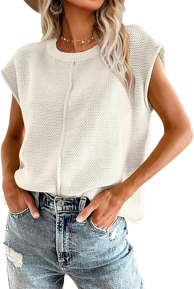 OFEEFAN Sweater Vest for Women Cap Sleeve Tops Knit Lightweight Sweaters XS-XL | Amazon (US)