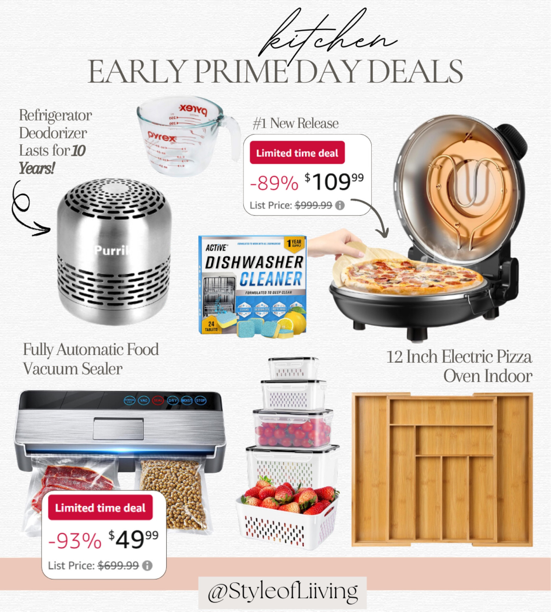 Early Amazon Prime Day Deals! Kitchen items on sale for a limited time only. Kitchen storage, organization, appliances. Electric pizza oven for indoor countertop use. Fully automated food vacuum sealer, refrigerator deodorizer, Pyrex glass measuring cups, dishwasher cleaners, utensil drawer organizers, Tupperware. Home deals. #primeday #kitchen #earlydeals

#LTKxPrimeDay #LTKSaleAlert #LTKHome