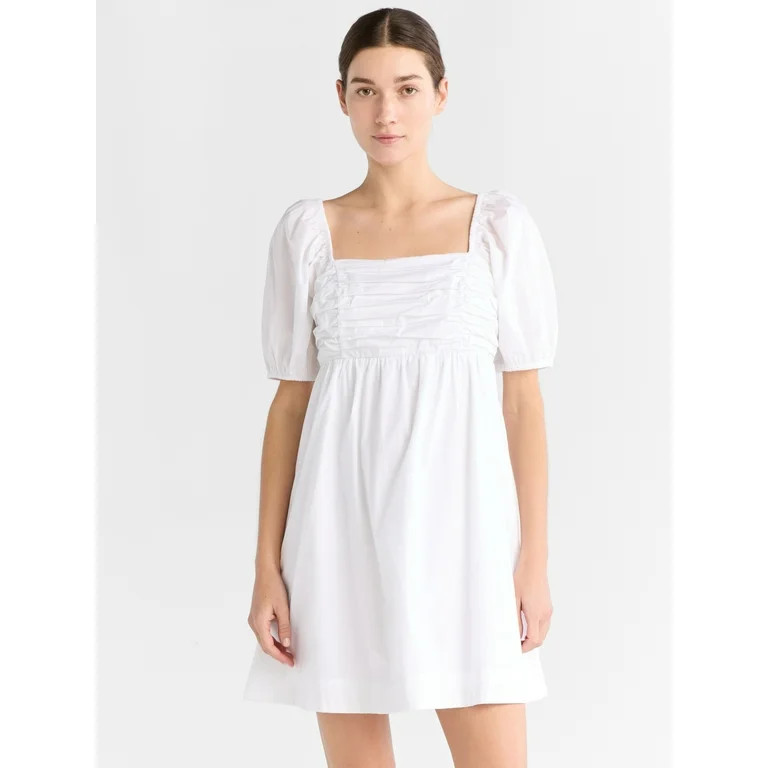 Free Assembly Women's Shirred Cotton Mini Dress with Puff Sleeves, Sizes XS-XXXL | Walmart (US)