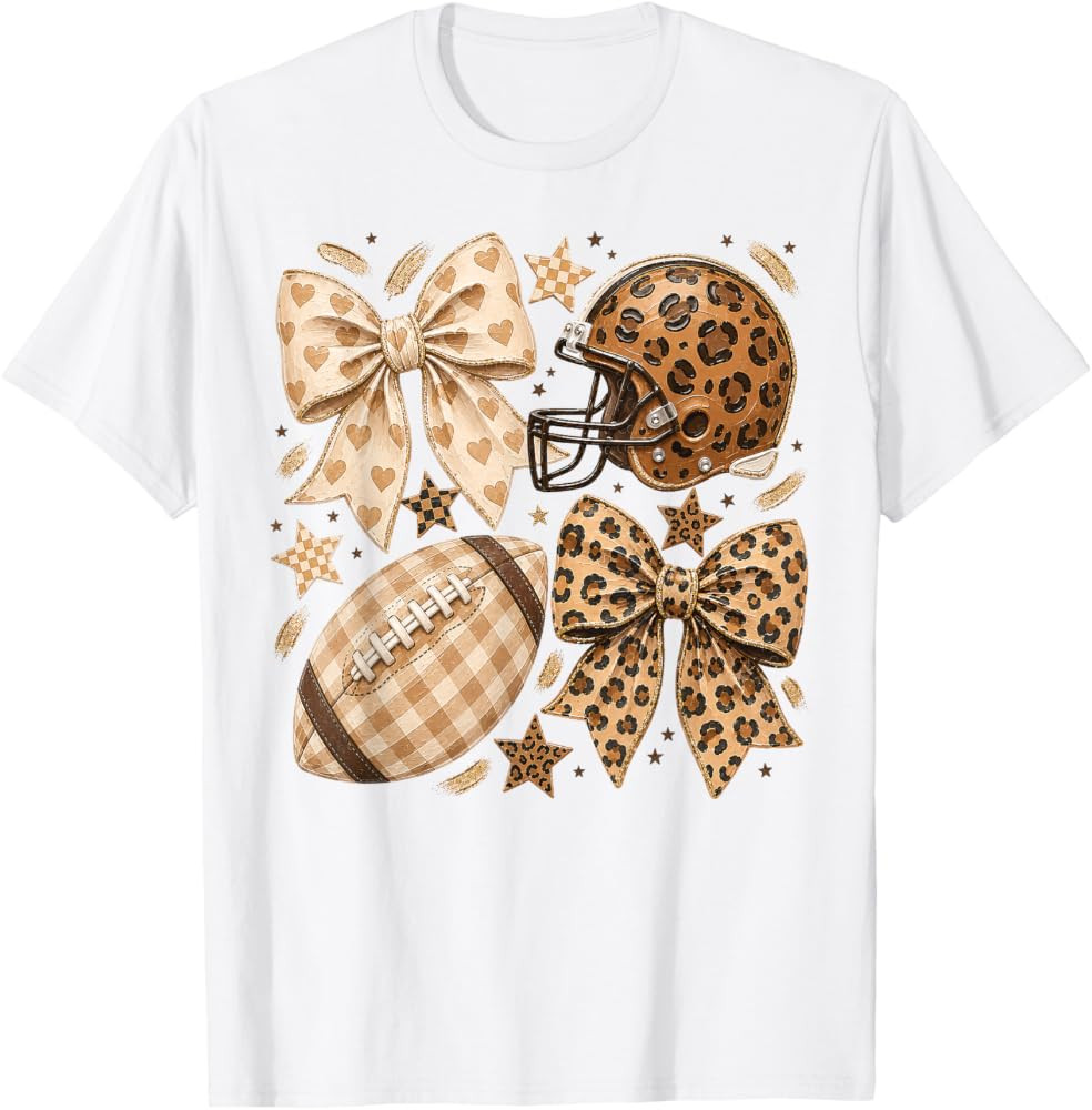 Preppy Leopard Football Coquette Bow Football Mom Girl Women T-Shirt | Amazon (US)