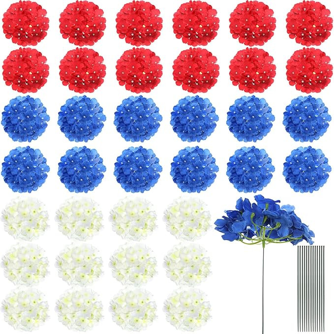 Jexine 36 Pieces Red Blue White Silk Hydrangea Flowers 4th of July Fake Full Hydrangea Flowers Pa... | Amazon (US)