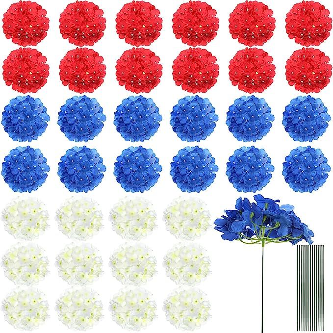 Jexine 36 Pieces Red Blue White Silk Hydrangea Flowers 4th of July Fake Full Hydrangea Flowers Pa... | Amazon (US)