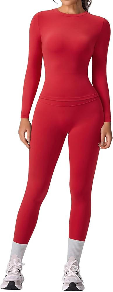 RXRXCOCO Slim Fit Workout Sets for Women 2 Piece Hidden Scrunch Leggings Long Sleeve Yoga Tops Ma... | Amazon (US)