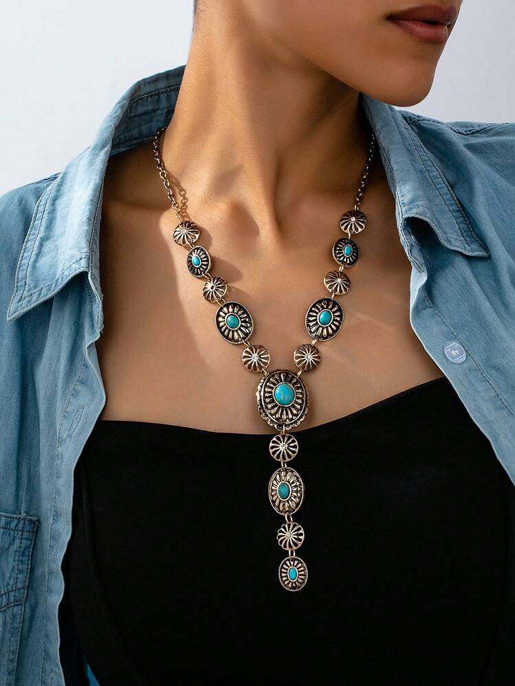 1pc Vintage Boho Oval Turquoise Geometric Western Cowgirl Style Y-Necklace, Fashionable Gift For Women | SHEIN