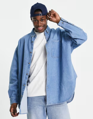ASOS DESIGN volume overshirt vintage denim shirt in mid blue | ASOS (Global)