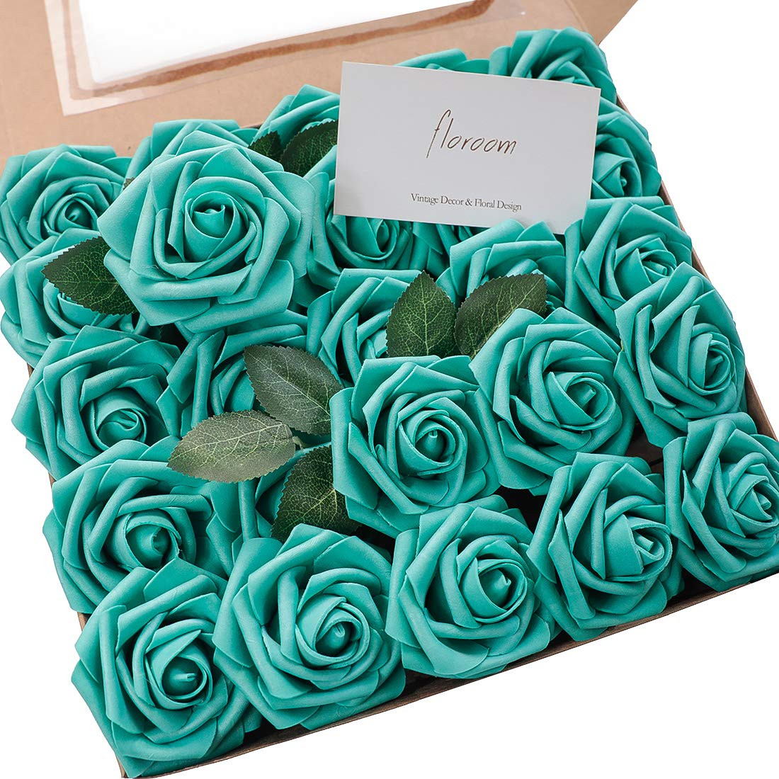Floroom Artificial Flowers 25pcs Real Looking Teal Green Foam Fake Roses with Stems for DIY Weddi... | Amazon (US)