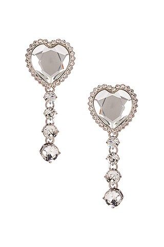 Alessandra Rich Heart Fringe Earrings in Crystal & Silver | FWRD | FWRD 