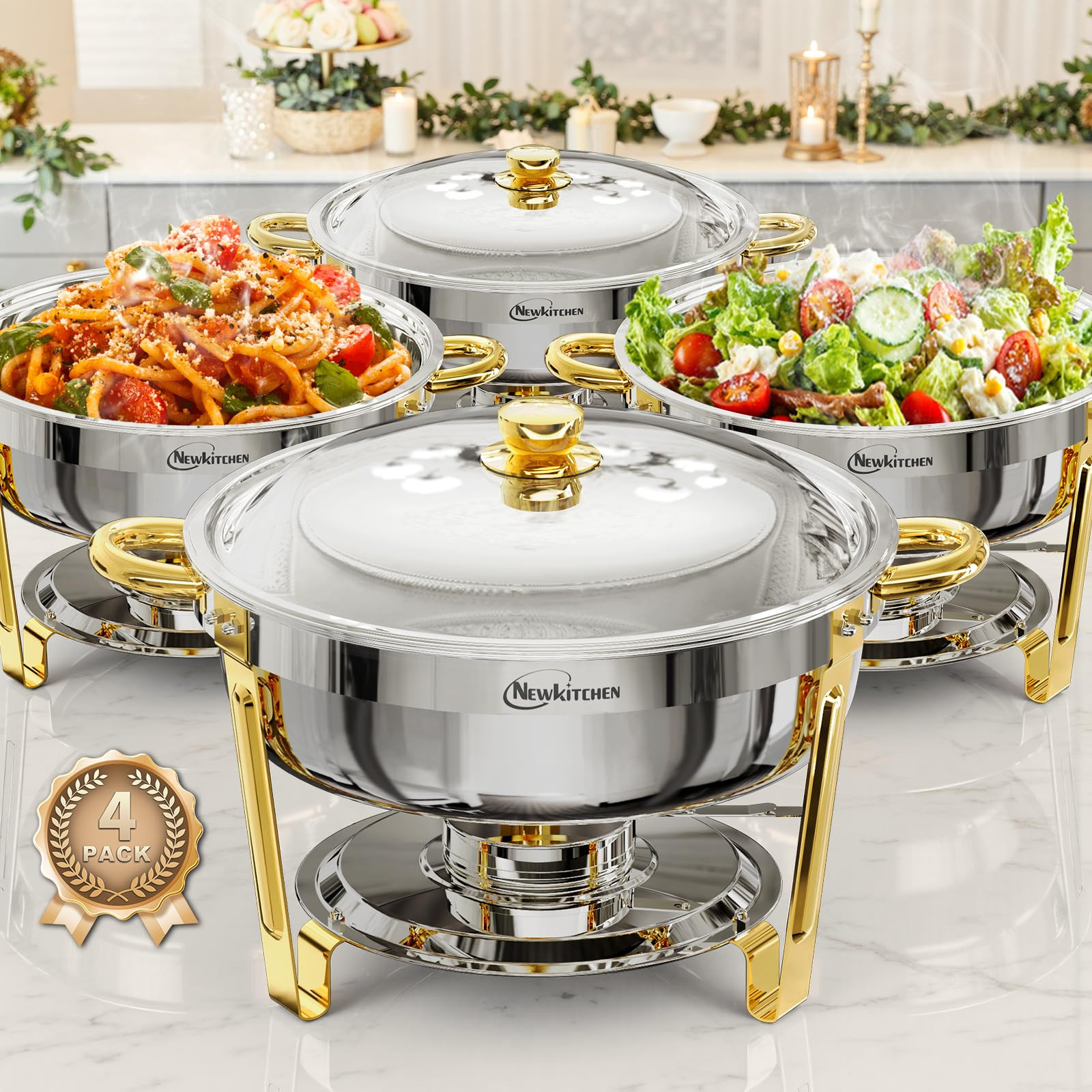 Chafing Dishes for Buffet 4 Pack, 6QT Round Chafing Dishes for Buffet [Elegant Gold and Silver Co... | Amazon (US)