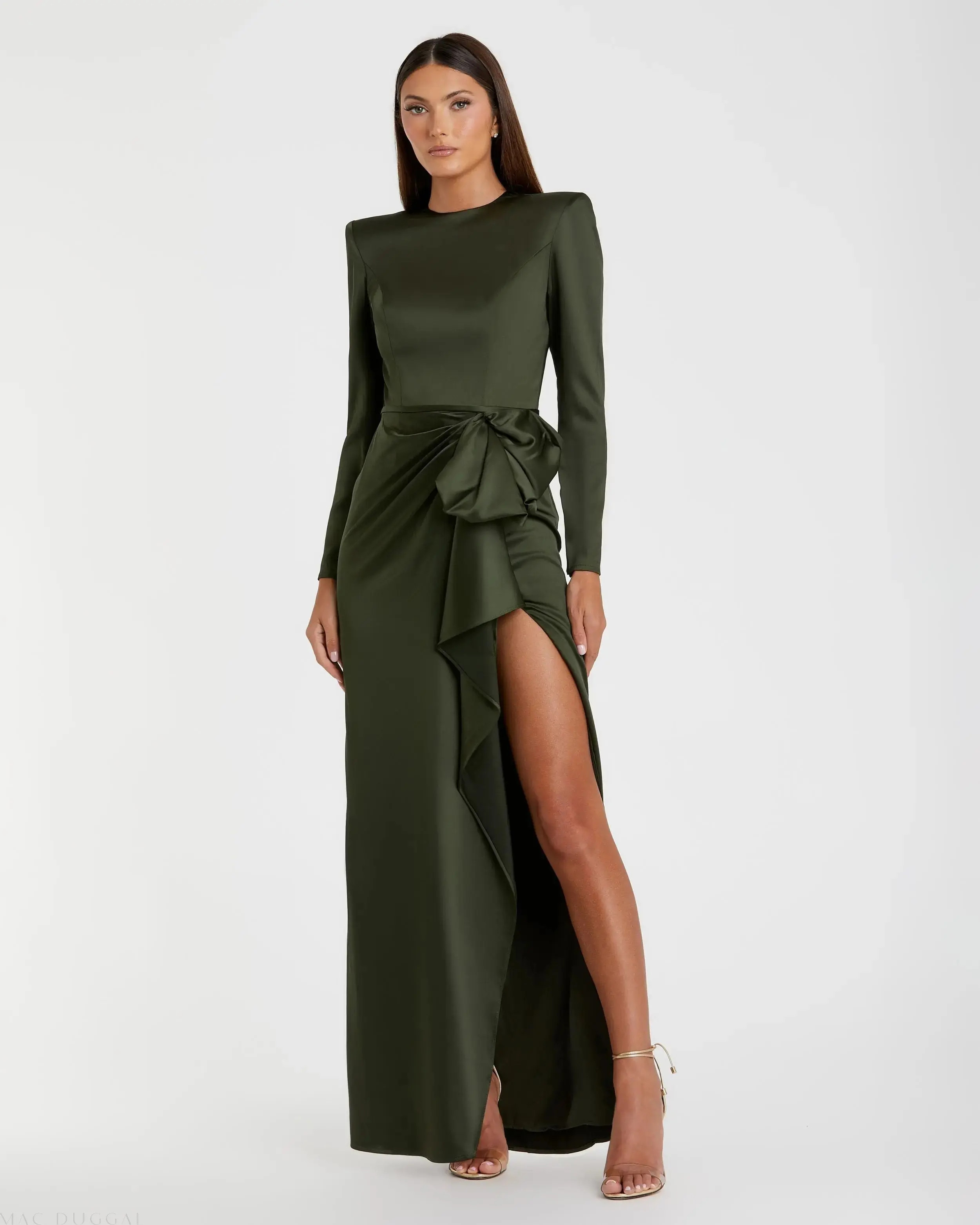 Dark Green Long Sleeve Satin Bow Draped Column Gown | Mac Duggal | Mac Duggal