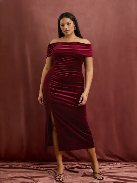 Velvet Velvet Off-shoulder Ruched Split Maxi Dress Curve & Plus For Daily Casual Date | Cider