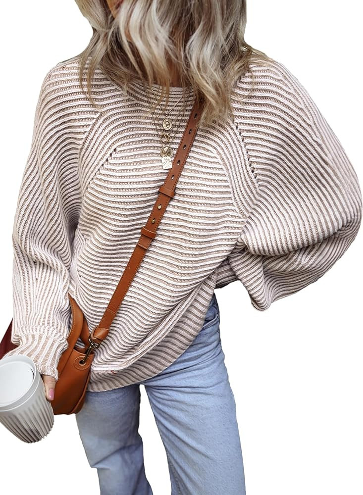 EVALESS Striped Sweaters for Women Boat Neck Batwing Sleeve Oversized Pullover Sweater Tops Women... | Amazon (US)