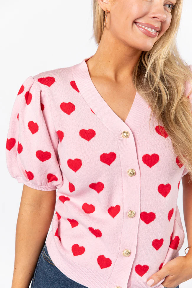 Ask Me Out Pink and Red Puff Sleeve Heart Cardigan | Pink Lily