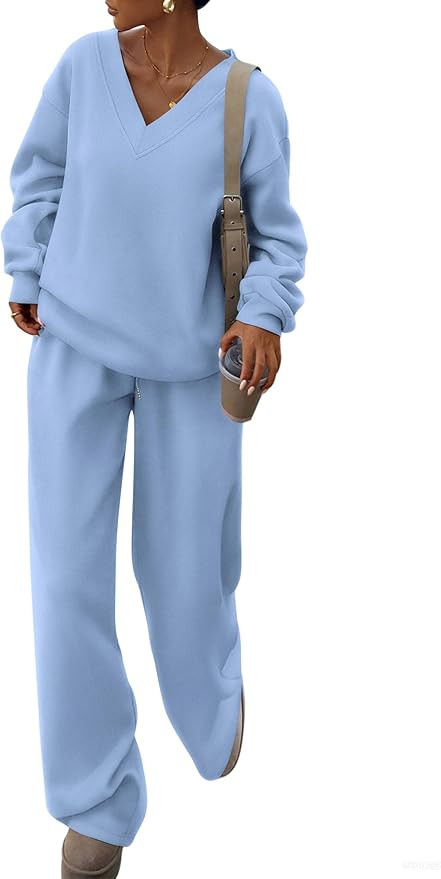 PRETTYGARDEN Casual Winter Two Piece Sets for Women 2026 V Neck Sweatshirt Loose Wide Leg Pants T... | Amazon (US)