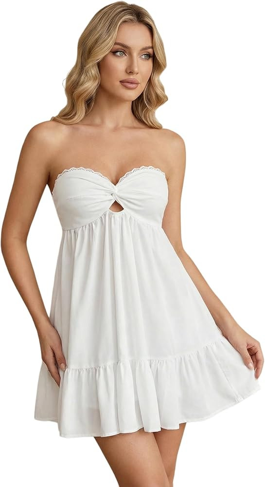 Milumia Women's Twist Front Cut Out Mini Tube Dress Flowy Strapless Ruffled Vacation Dresses | Amazon (US)