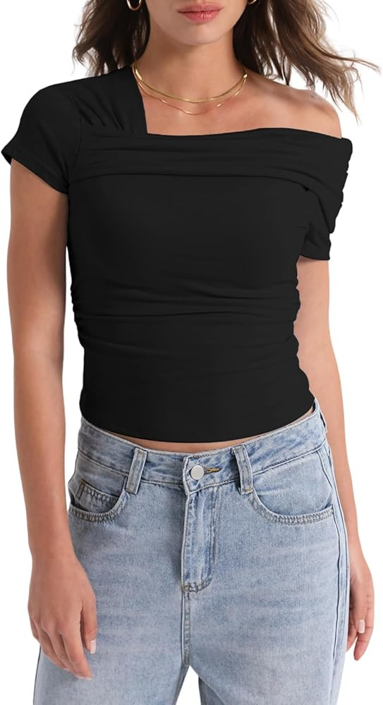Women One Off Shoulder T Shirts Short Sleeve Y2K Ruched Top Casual Slim Fit Crop Tops | Amazon (US)
