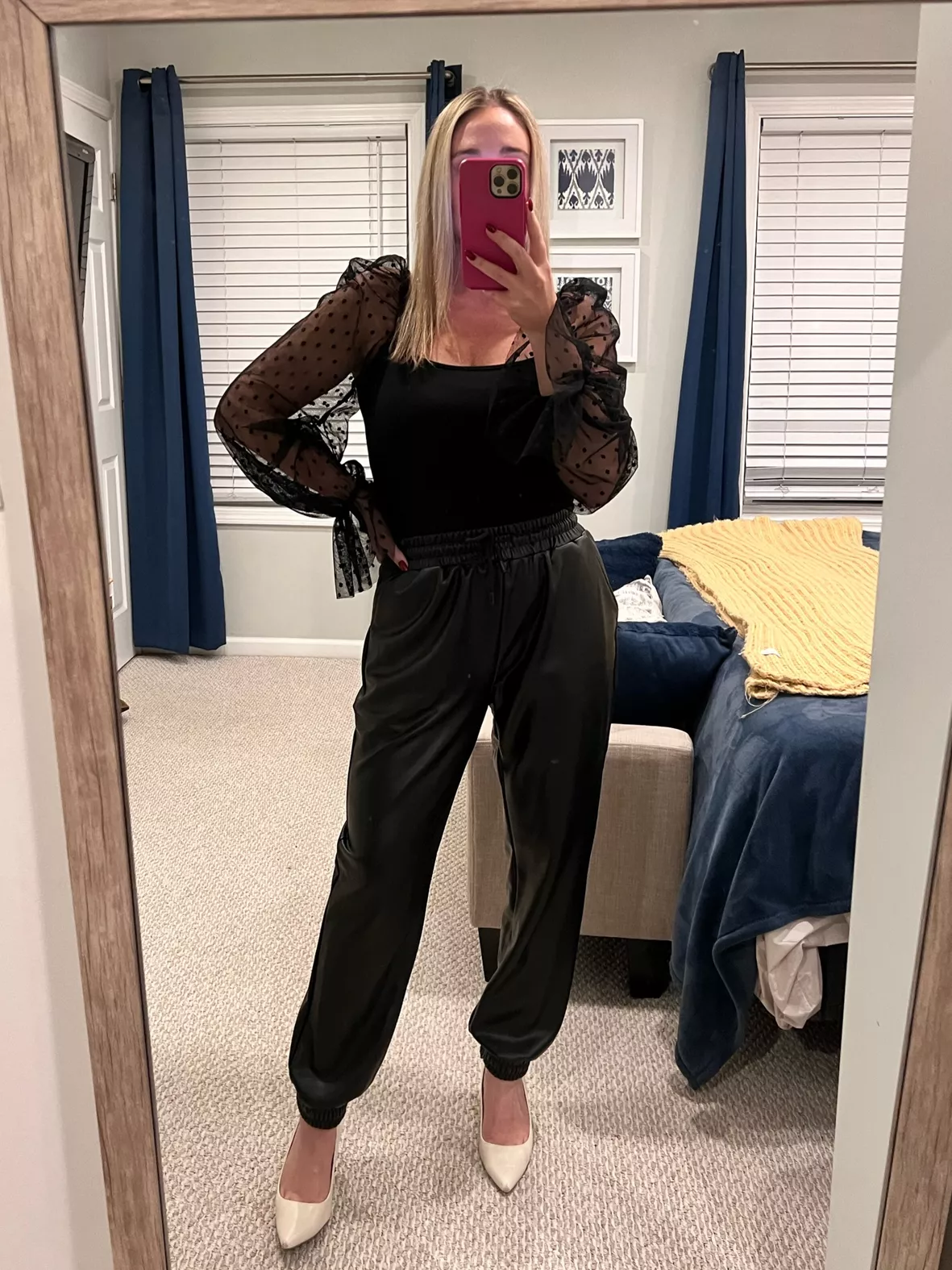 Holiday chic satin pants with a sheer top