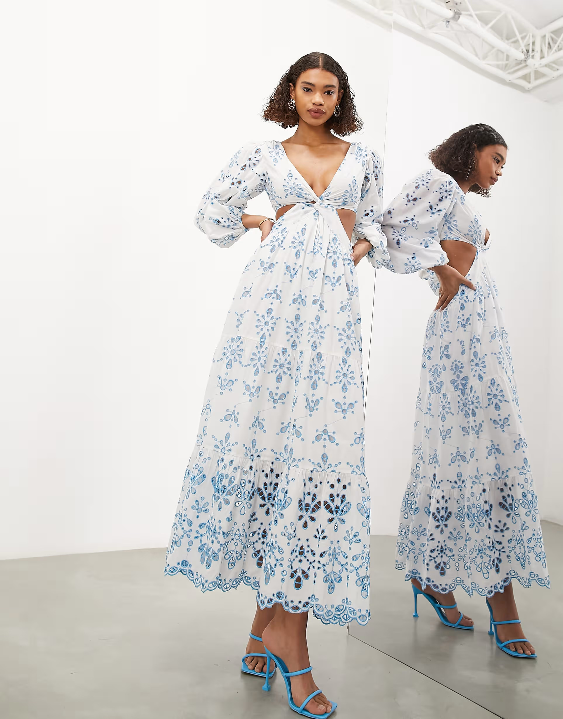ASOS EDITION broderie cut out detail long sleeve midi dress in blue floral print | ASOS (Global)