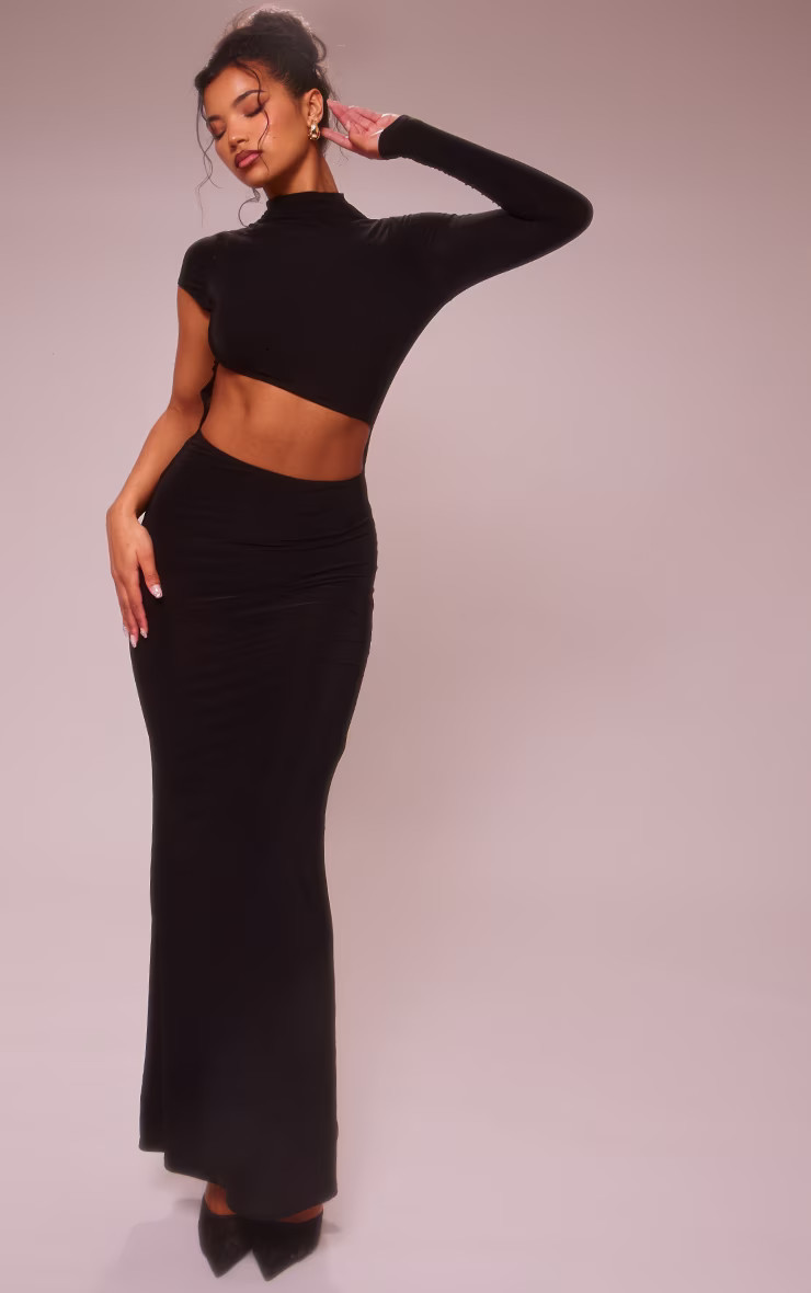 Black Slinky One Shoulder Cut Out Maxi Dress | PrettyLittleThing IE