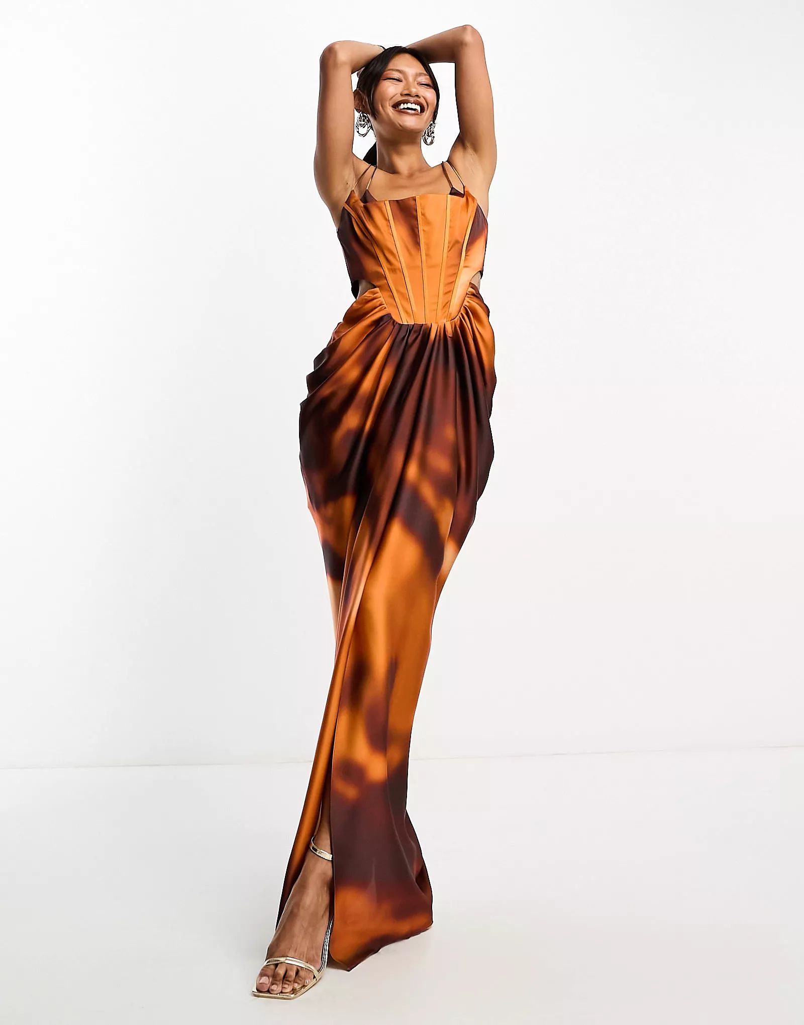 ASOS DESIGN corset boned satin cut out maxi dress with draped skirt in blurred print | ASOS | ASOS (Global)