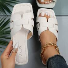 Elegant White Sandals For Women, Snakeskin Embossed Cut Out Design Slide Sandals | SHEIN