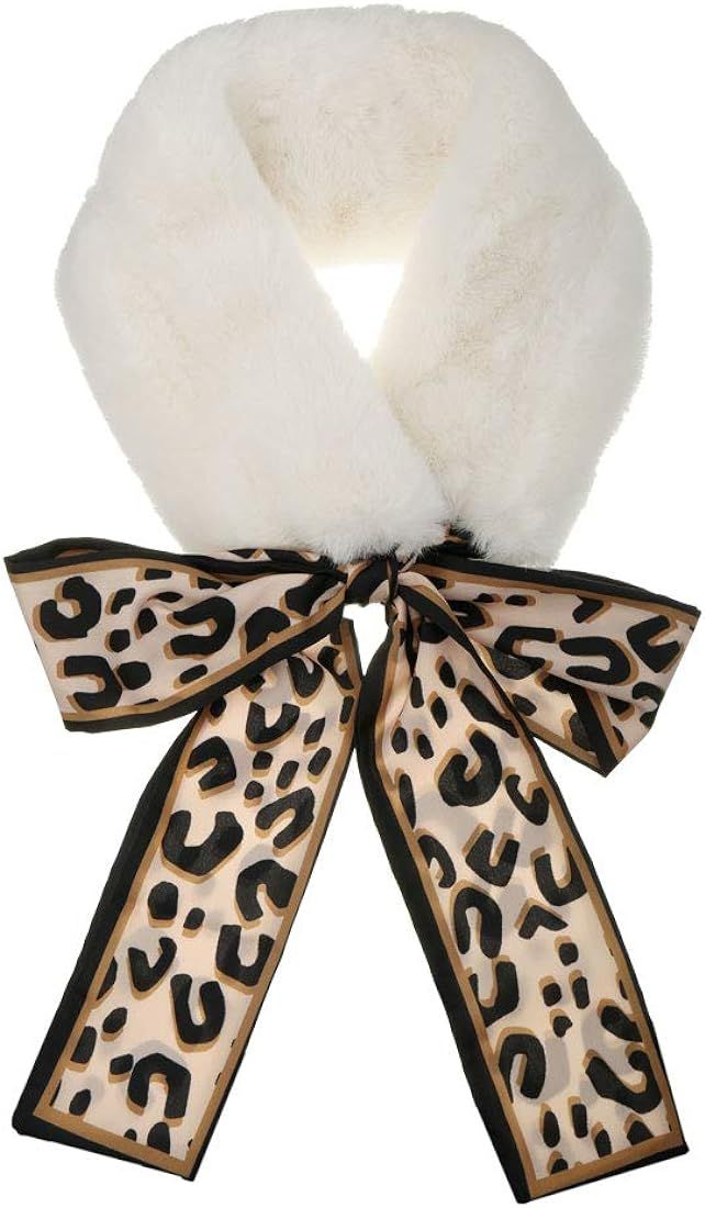 Allegra K Leopard Ribbons Faux Fur Winter Wrap Collar Scarf Plush Neck Scarves Warmer for Women | Amazon (US)