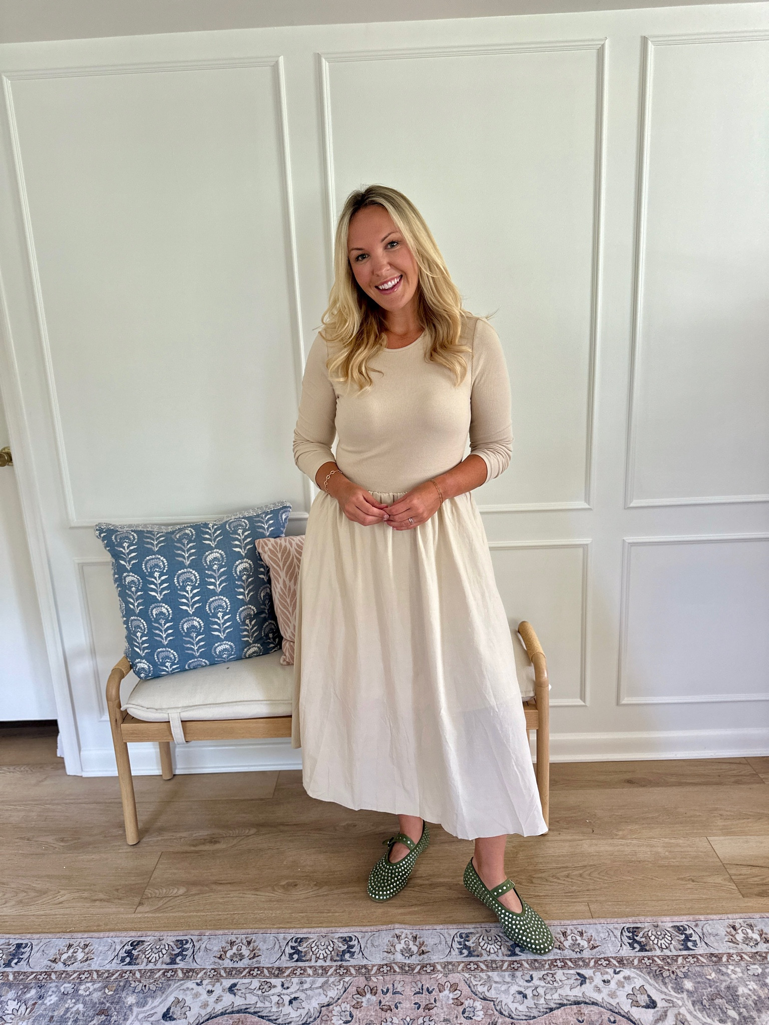 Love a mixed media dress and this one is great to wear from work to weekend! This neutral dress is perfect with a fun colorful flat! Wearing a medium- fall outfit - work dress - date night outfit 

#LTKMidsize #LTKSeasonal #LTKWorkwear