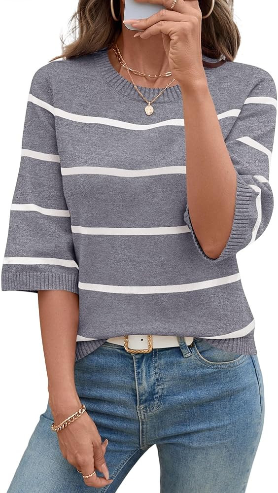 LOMON Womens Sweaters Casual Fall 2025 Crew Neck Striped 3/4 Sleeve Lightweight Knit Trendy Pullo... | Amazon (US)