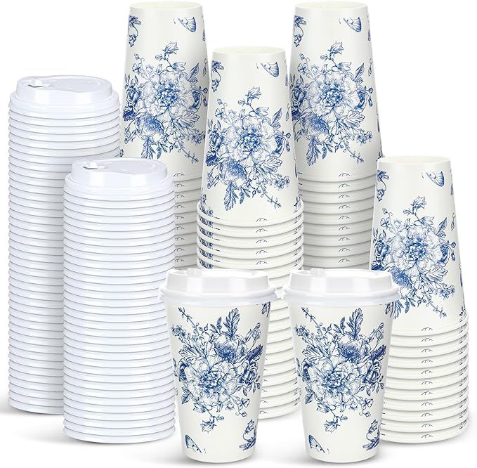 Irenare 96 Pack Blue and White Flower Disposable Coffee Cups with Lids 16 oz Blue Floral Paper Cu... | Amazon (US)