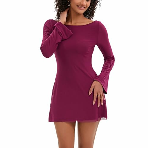 Topcloset Women's Fall Long Sleeve Mini Dress Boat Neck Going Out Cocktail Bell Sleeve Dresses Date Night Outfits, Burgundy,S | Amazon (US)