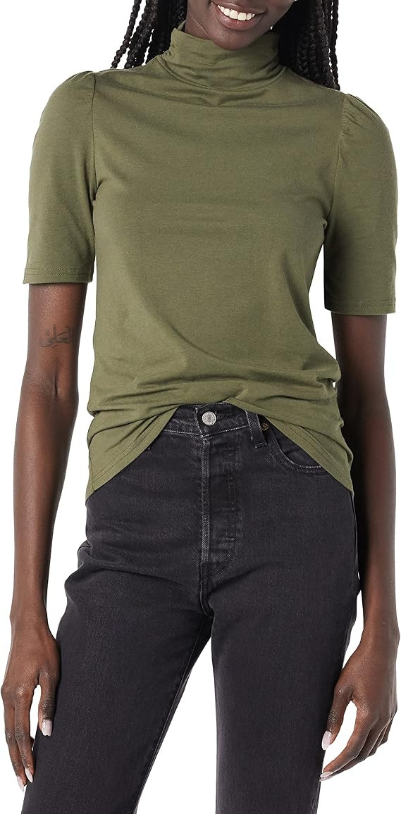 Amazon Essentials Women's Cotton Modal Draped Puff Sleeve Turtleneck | Amazon (US)