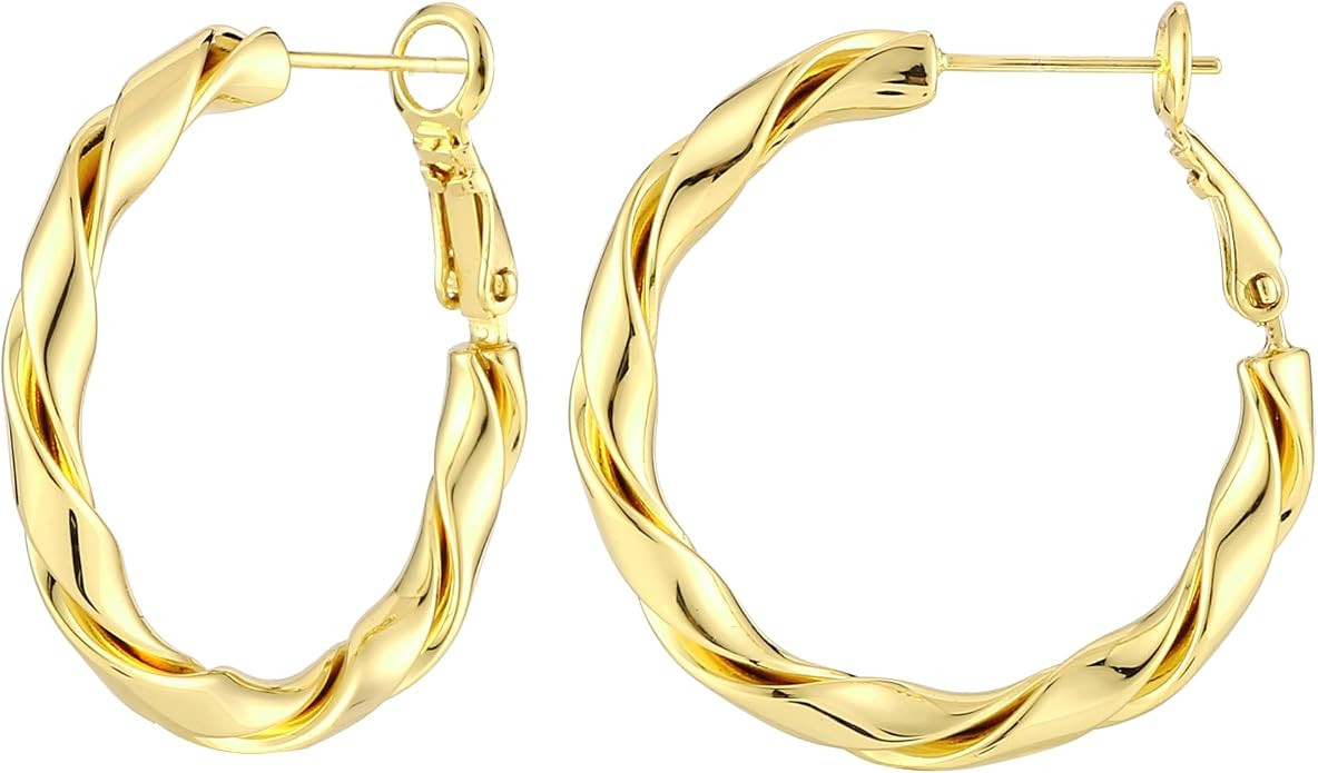 14k Gold Plated Hoop Earrings for Women, 925 Sterling Silver Posts Thick Twist Hypoallergenic Chu... | Amazon (US)