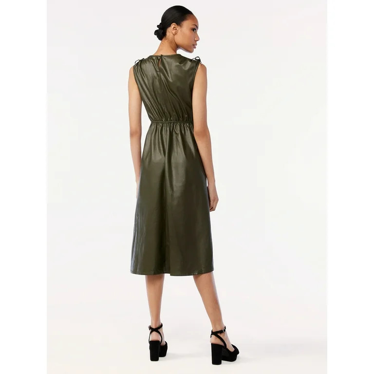 Scoop Women's Faux Leather Midi Dress with Cinched Waist | Walmart (US)