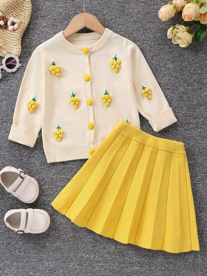 SHEIN Young Girl Spring 3D Grape Decoration Long Sleeve Cardigan And Sweater Skirt Set | SHEIN
