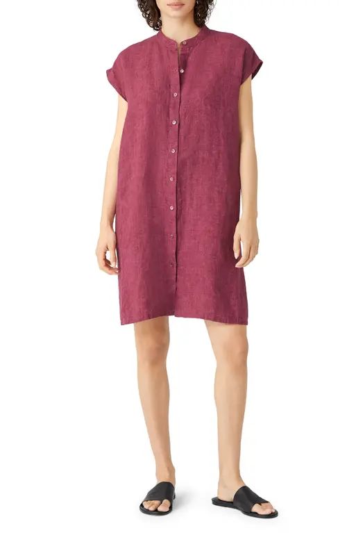 Eileen Fisher Mandarin Collar Cap Sleeve Organic Linen Shirtdress in Berry at Nordstrom, Size Large | Nordstrom