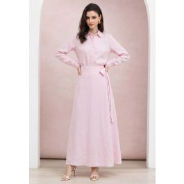 Solid Color Linen-Blend Shirt and Wrap Maxi Skirt Set in Pink for City Strolls & Seaside Dinners | Chicwish