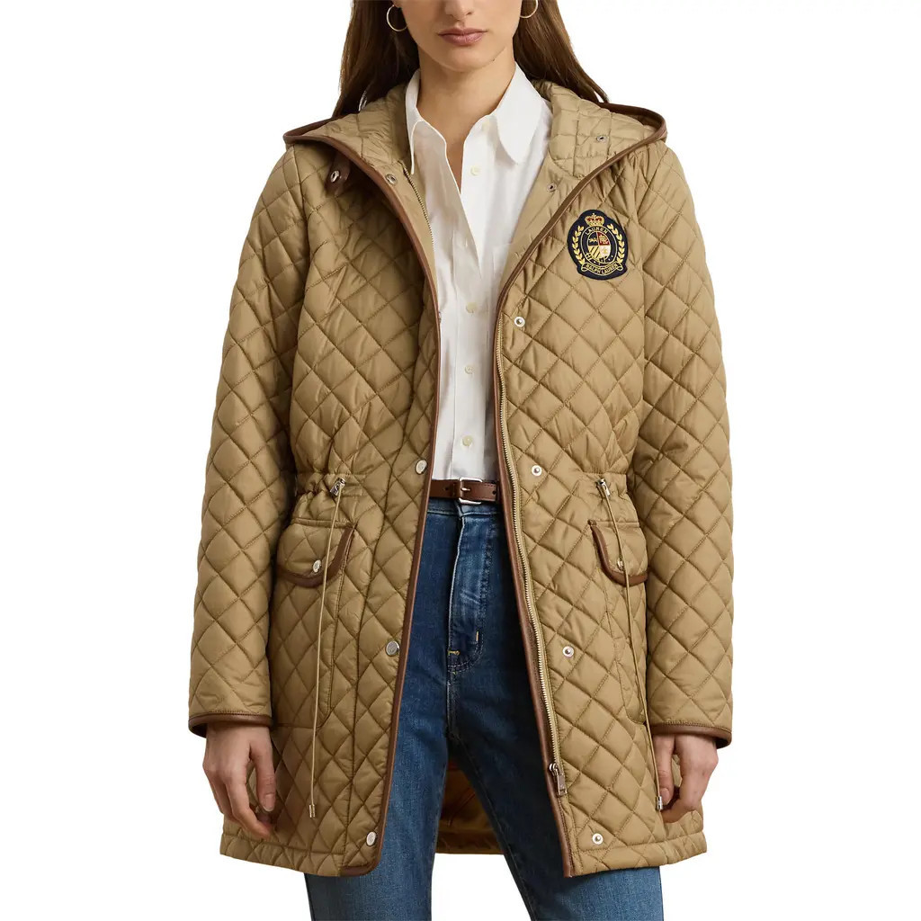 Lauren Ralph Lauren Logo Patch Quilted Coat in Birch Tan at Nordstrom, Size Xx-Large | Nordstrom