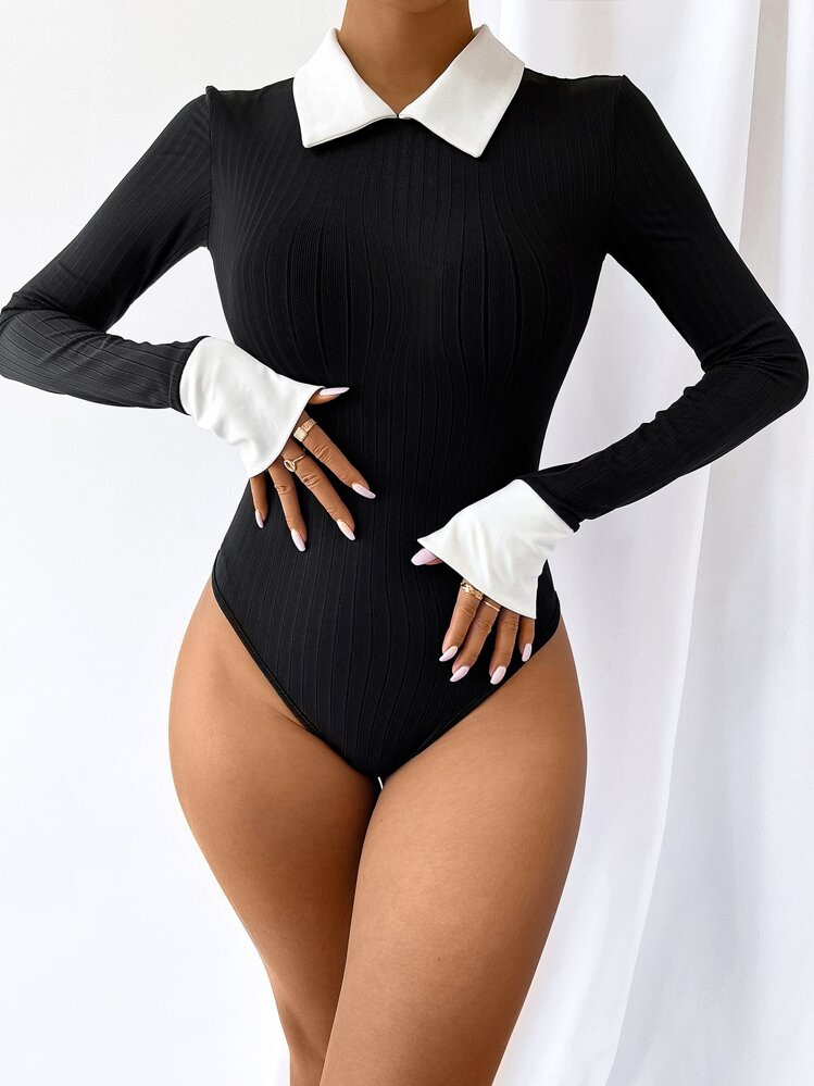 Almamuse Colorblock Keyhole Back Slim Fit Tee Bodysuit Fall Cloth For Women | SHEIN