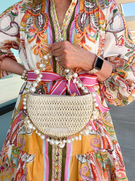 Pearl and shell raffia bag. Perfect for summer! Darling floral dress. Ribbon tie waist. Button-up the front. Runs tts. Generous sizing. 

#LTKstyletip #LTKitbag #LTKSeasonal
