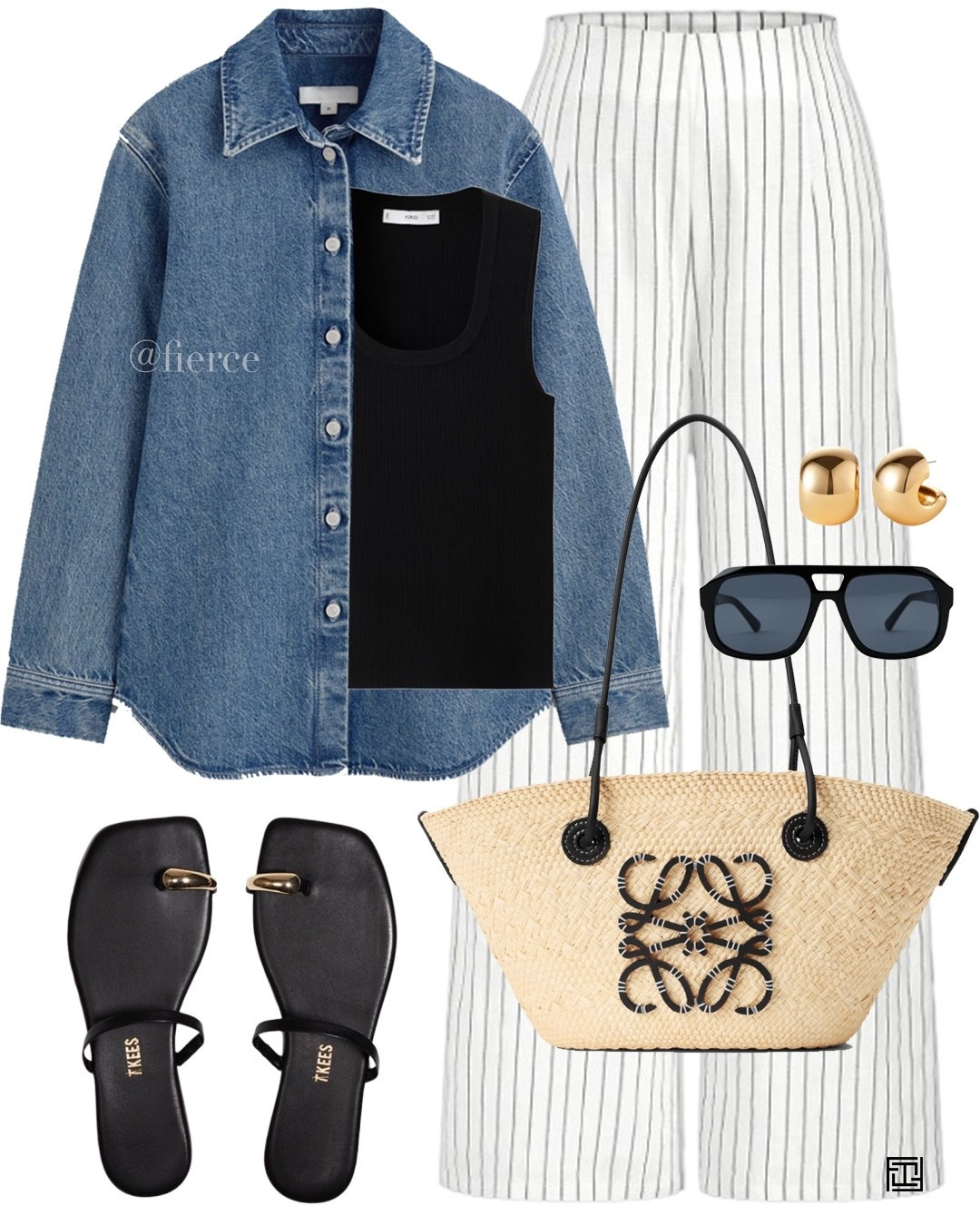 Striped trousers denim shirt gold tie sandals Ysl raffia basket

#LTKsummer #LTKuk #LTKeurope