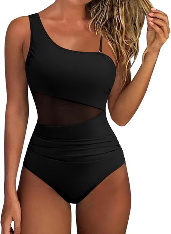 SUUKSESS Women Mesh One Shoulder One Piece Swimsuit Tummy Control Bathing Suit | Amazon (US)