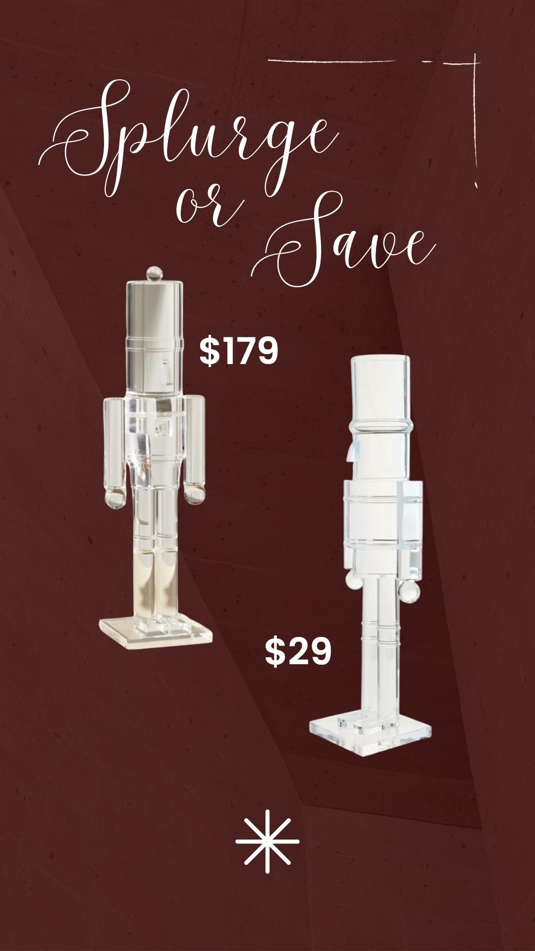 Splurge or save. Acrylic nutcracker Christmas decoration. 


Walmart holiday decor. 



#LTKHoliday #LTKHome #LTKSeasonal