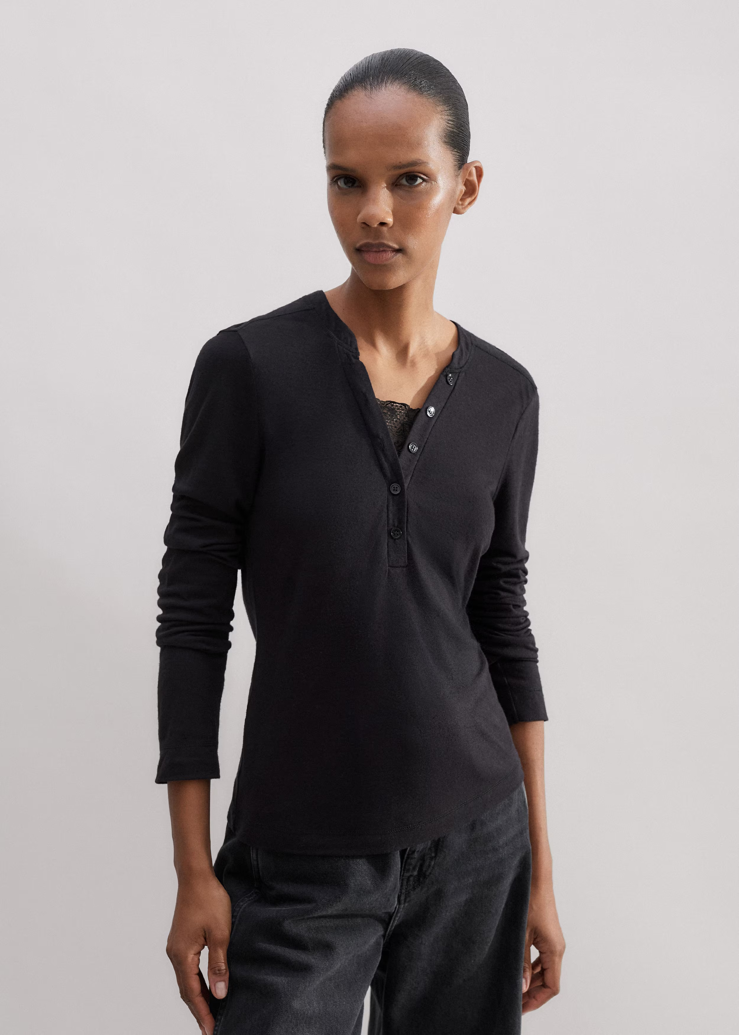 Women's Black Lace Trim Long Sleeve Top | ME+EM | ME+EM US