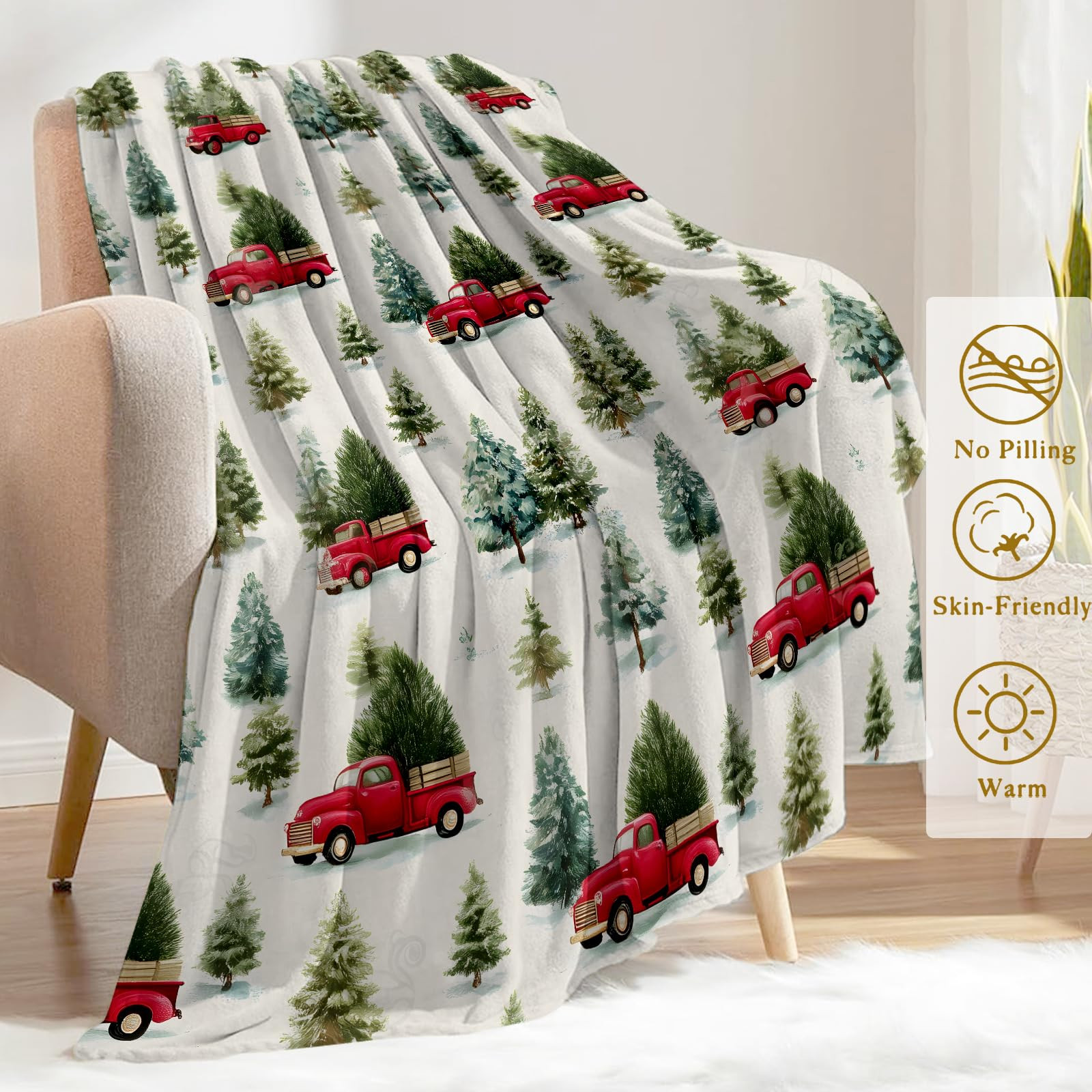 Christmas Decorative Blanket, Vintage Red Truck and Tree Print Throw Decoration, Soft Flannel Win... | Amazon (US)