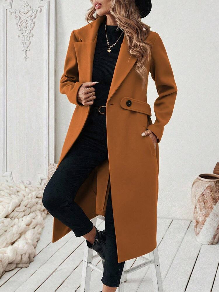 EMERY ROSE Women's Camel Lapel Belted Wool Blend Coat, Long Sleeve, Autumn/Winter | SHEIN