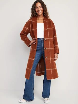 Relaxed Plaid Soft-Brushed Overcoat for Women | Old Navy (CA)